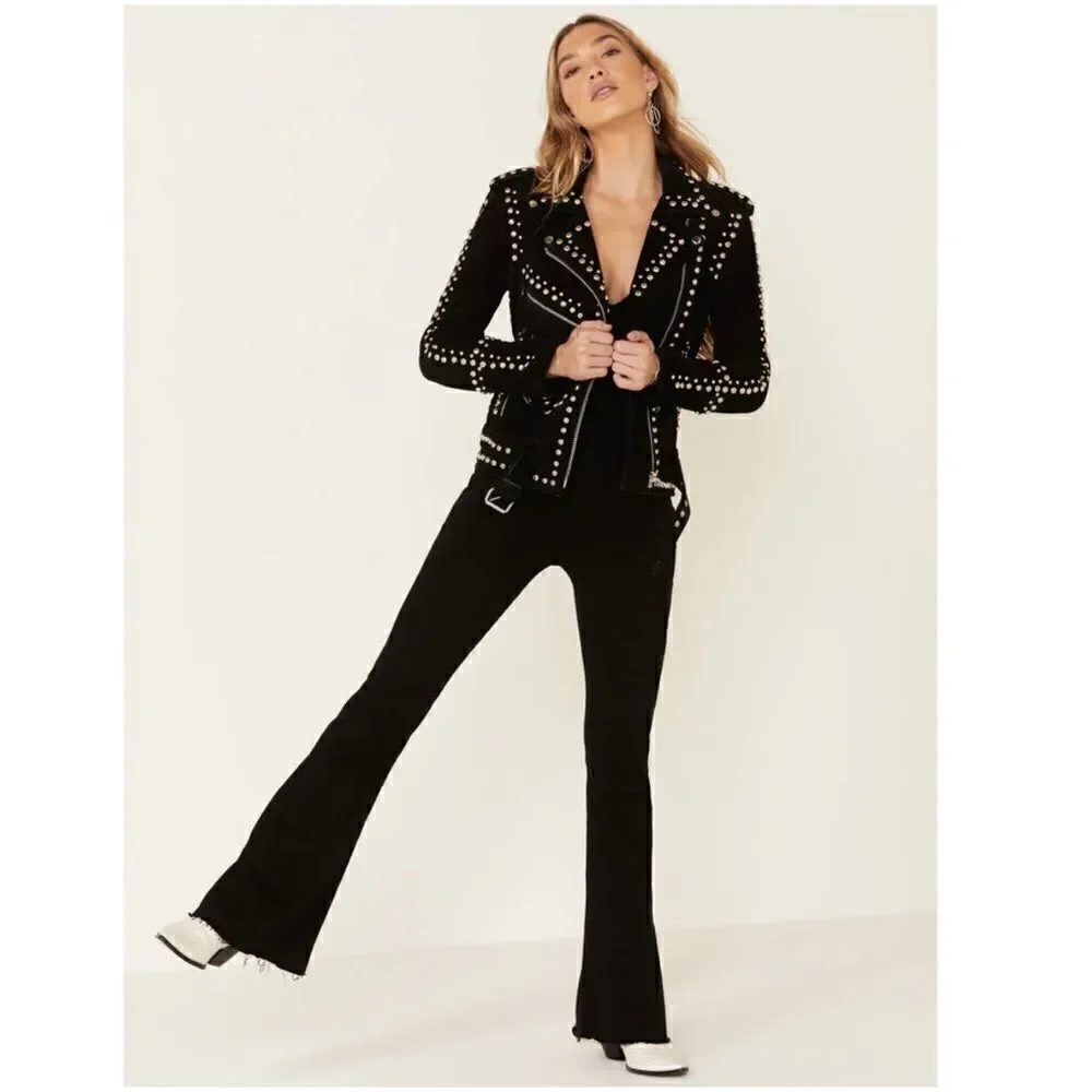 Free People Understated Leather Women's Black Dome Studded Moto Suede Ja…